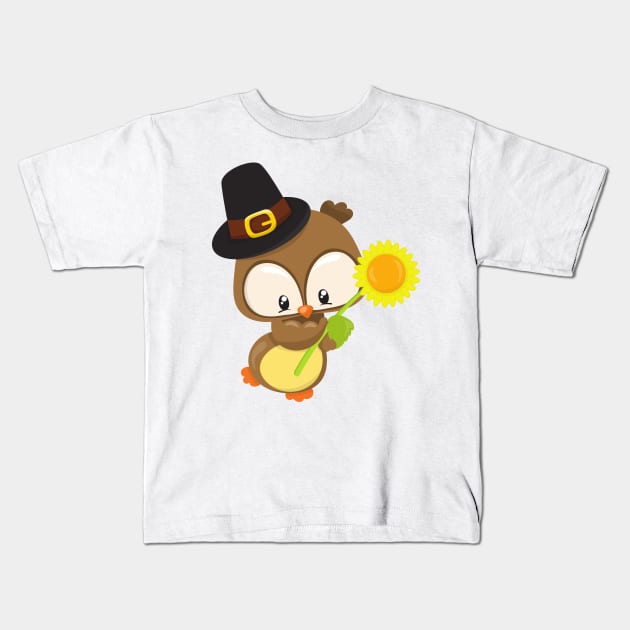 Thanksgiving Owl, Brown Owl, Pilgrim Hat, Flower Kids T-Shirt by Jelena Dunčević